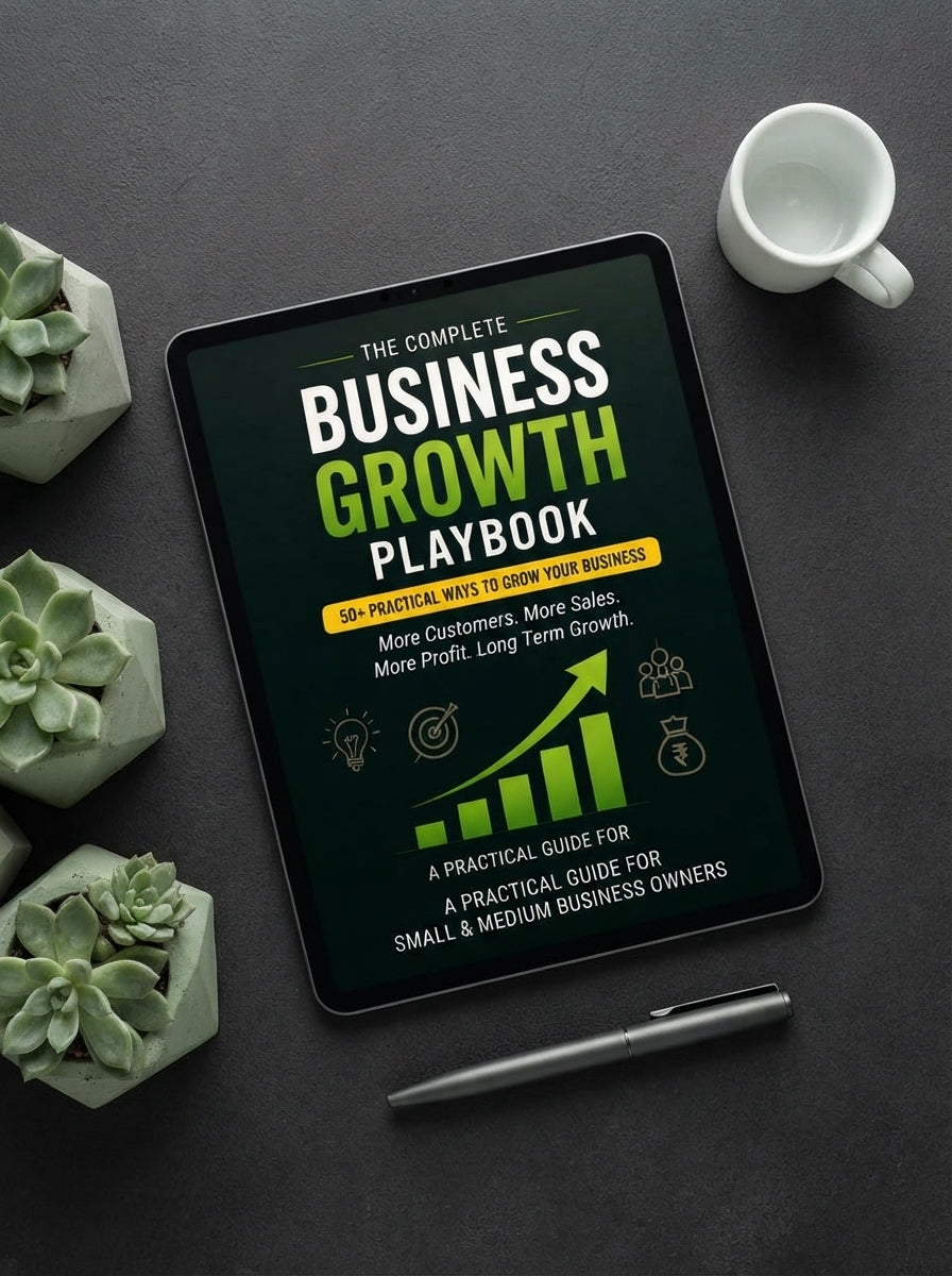 A digital tablet showing a business growth playbook on a charcoal table with sage green plants and a white coffee cup.