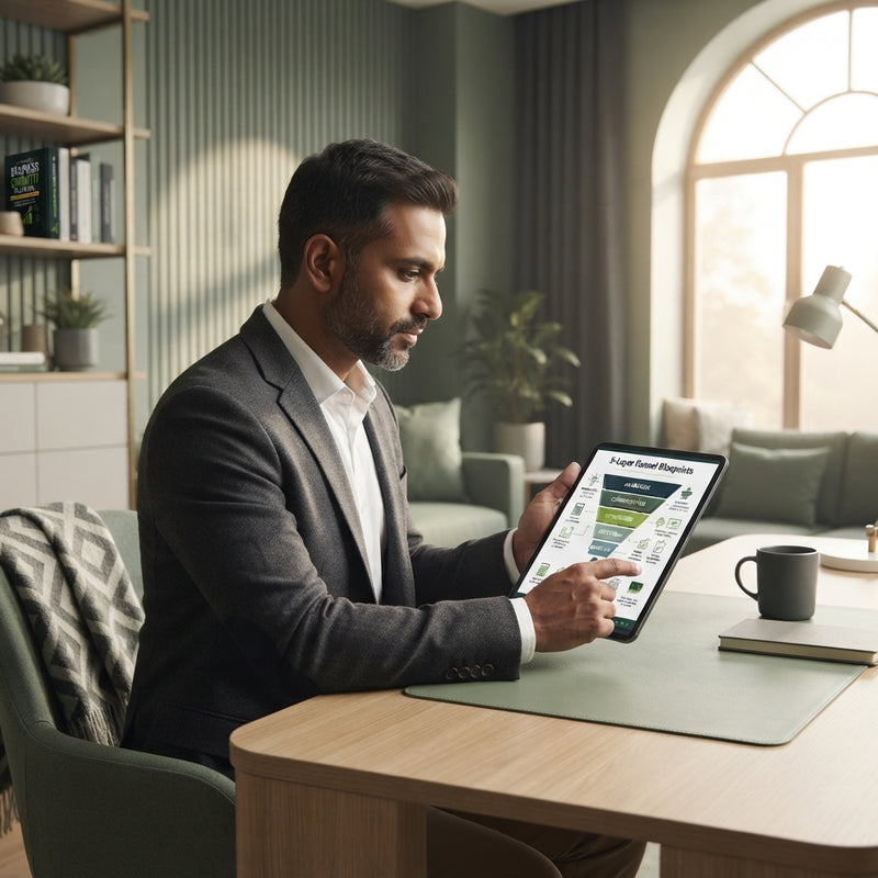 An Indian business owner reviewing a five-layer marketing funnel blueprint on a tablet in a modern office.